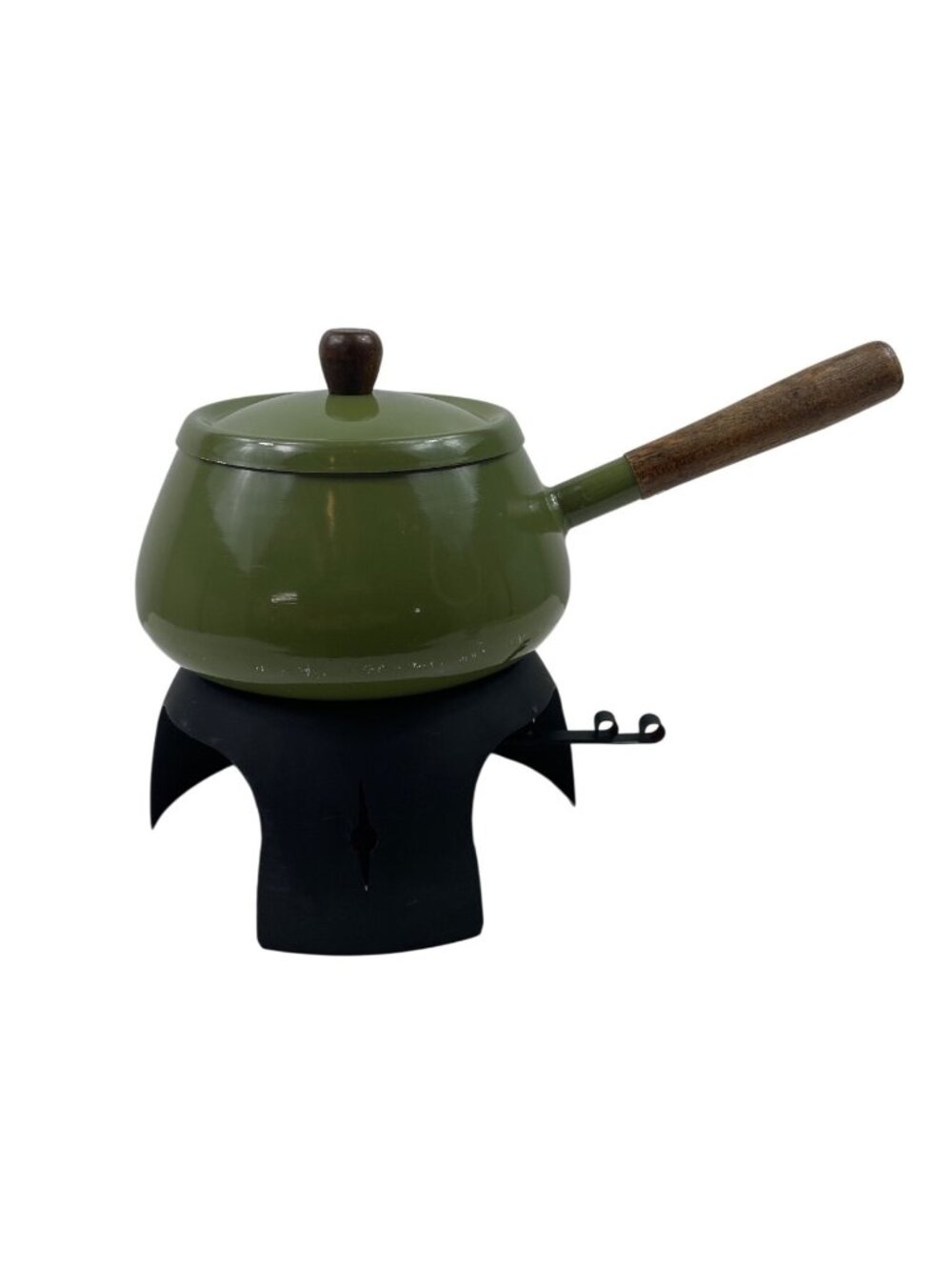 Vintage MCM Avocado Fondue Melting Cooking Pot Green W/ Wood Handle
